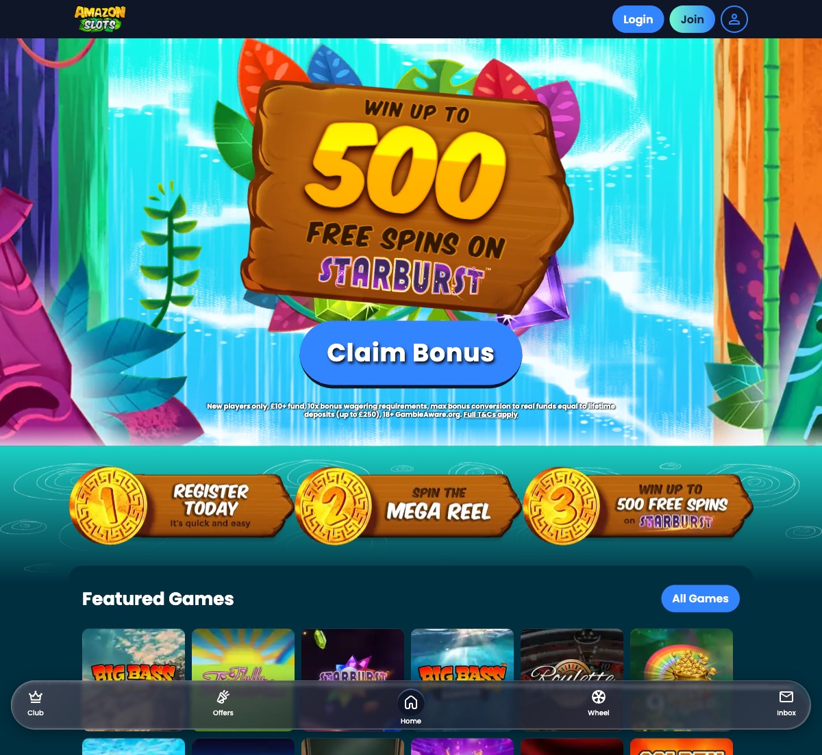 Amazon Slots homepage lobby showing featured games and welcome offer banner