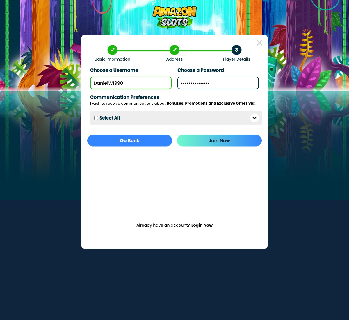 Amazon Slots registration form final step with username and password fields