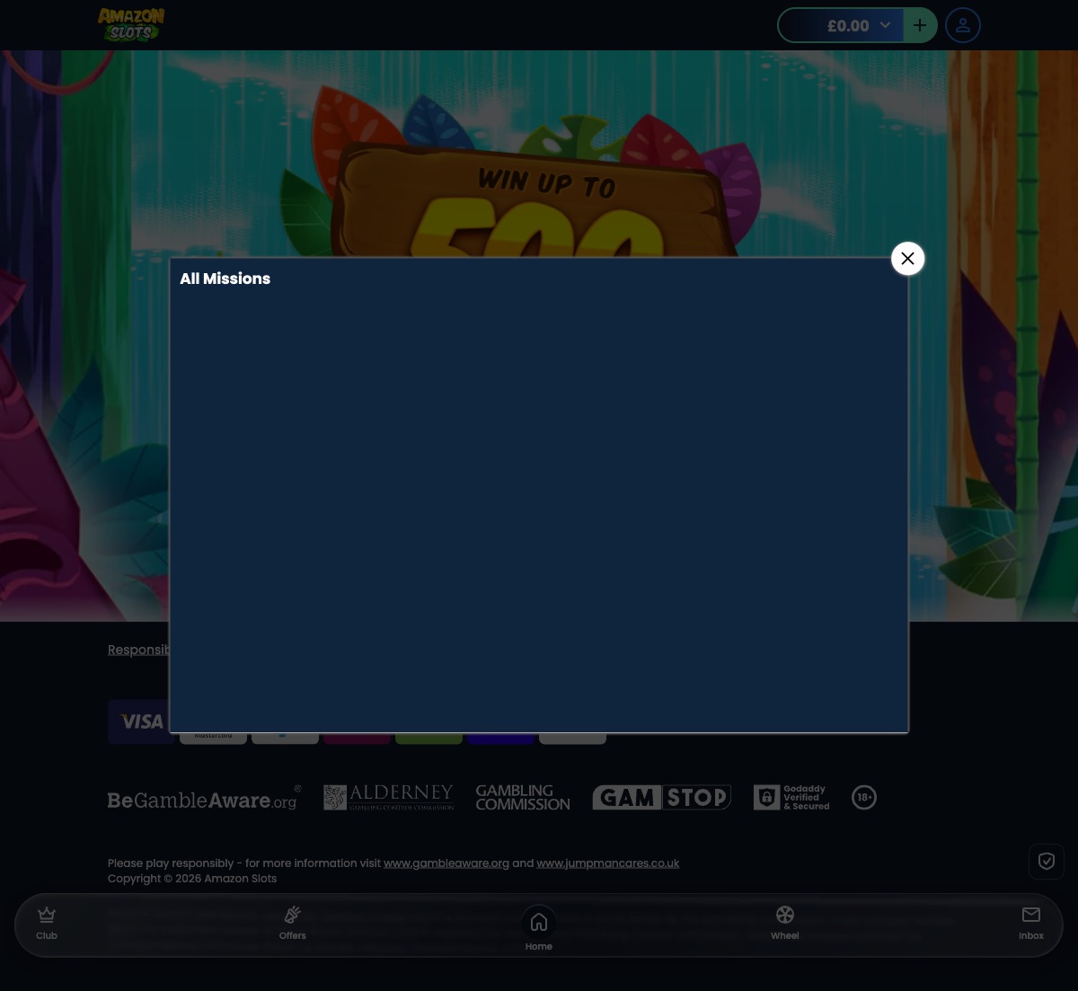 Amazon Slots All Missions panel accessed from the Club navigation