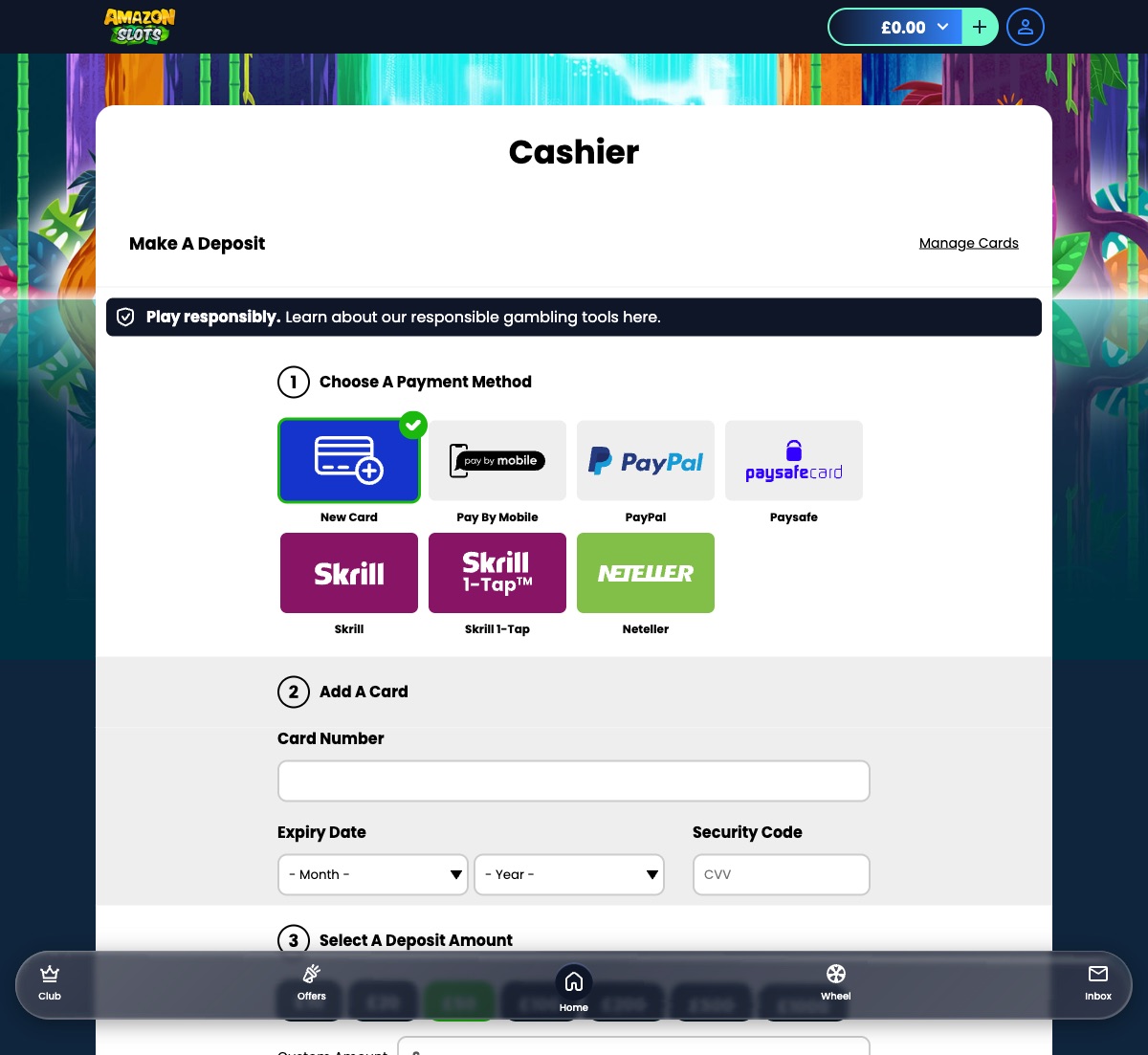 Amazon Slots cashier page showing available deposit methods including card, PayPal, Skrill, Neteller and Paysafecard