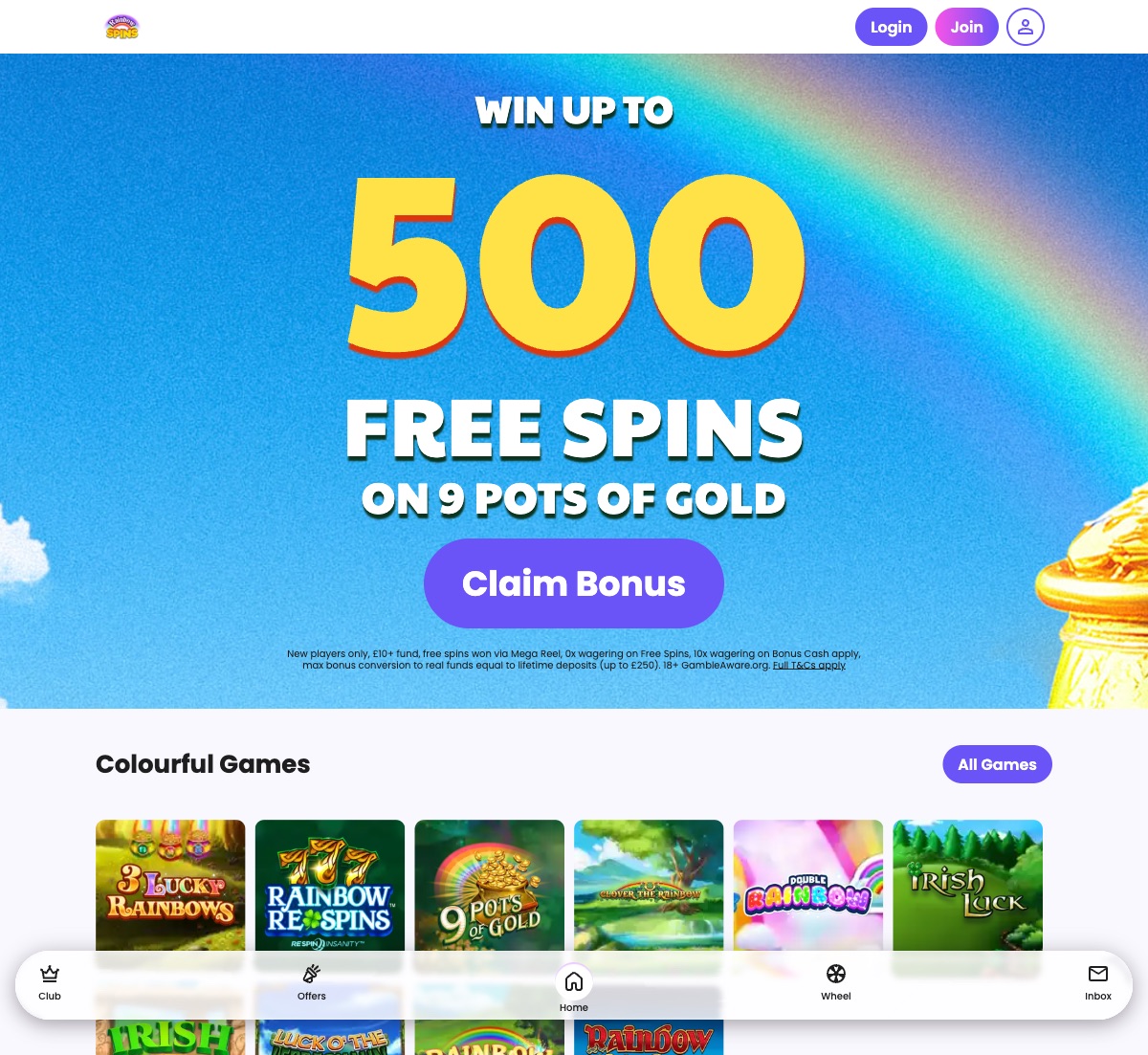 Rainbow Spins homepage lobby with rainbow-themed branding and welcome offer banner