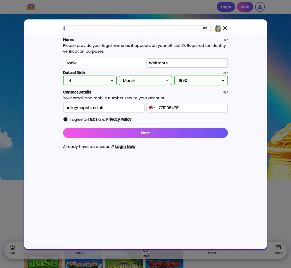 Rainbow Spins registration form showing name, date of birth, and contact details step