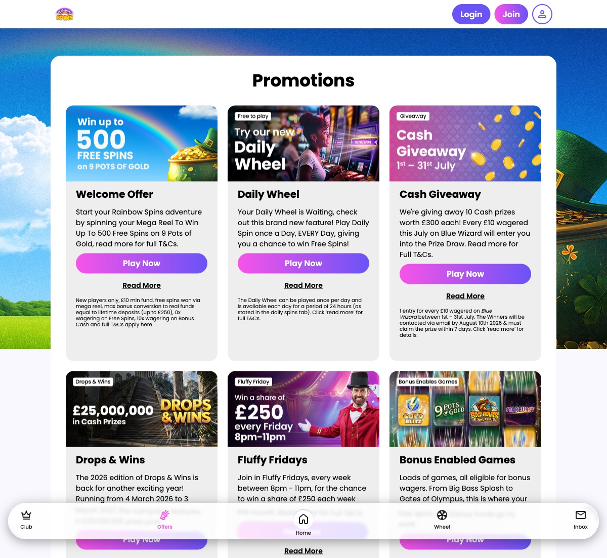 Rainbow Spins promotions page listing the welcome offer and ongoing bonuses