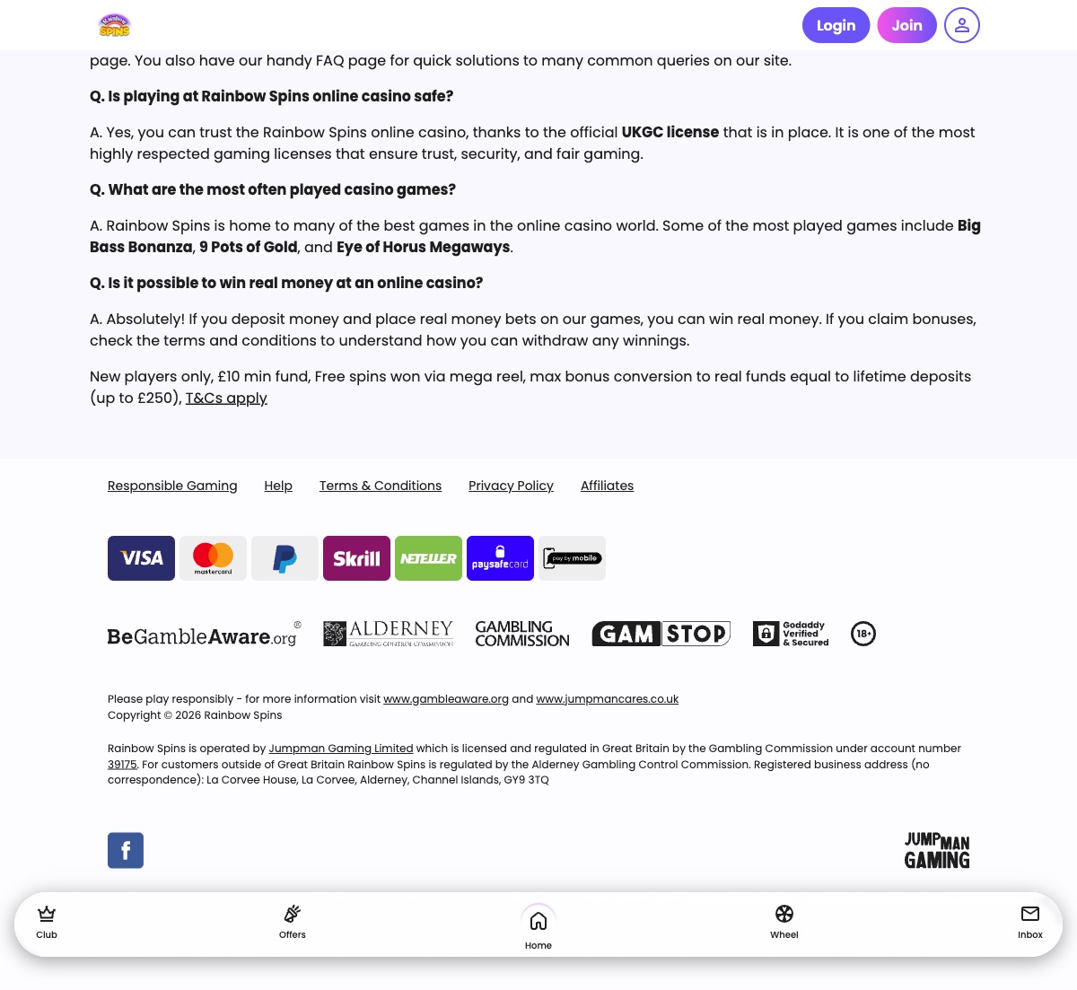 Rainbow Spins footer showing accepted payment methods including Visa, Mastercard, PayPal, Skrill, Neteller, Paysafecard and Pay By Mobile