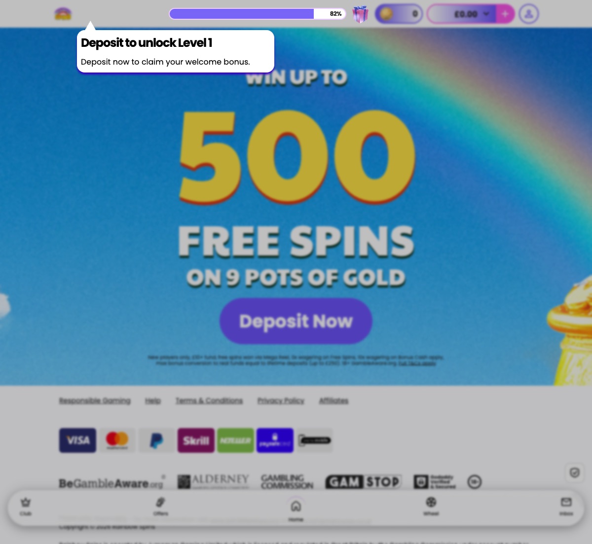 Rainbow Spins account header showing an 82 percent level progress bar, a coin counter, and a tooltip reading Deposit to unlock Level 1