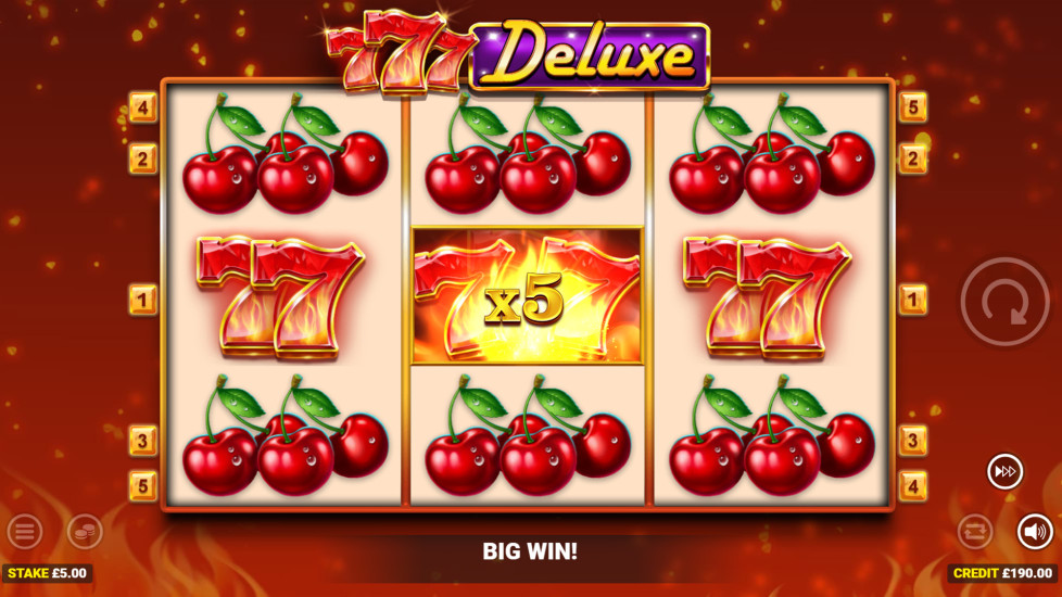 777 Deluxe slot showing a win with the flaming 7 wild applying a multiplier to the payout