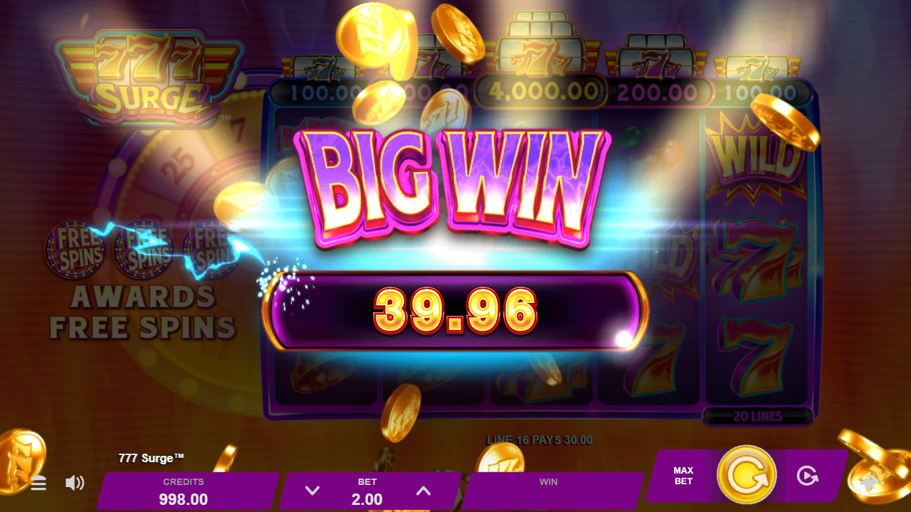 777 Surge Big Win celebration screen with coins falling and a Free Spins award notice