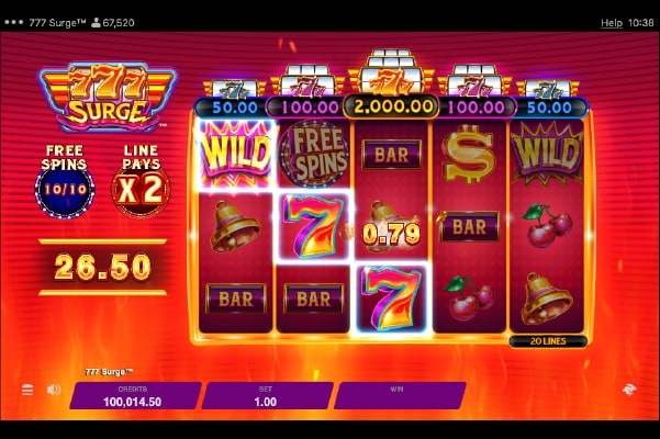 777 Surge free spins round in progress showing a x2 multiplier and 10 of 10 spins remaining