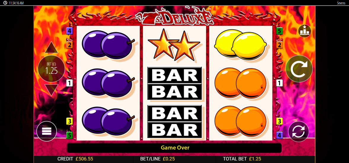 7's Deluxe slot showing the flaming 7 wild symbol substituting on the 3-reel grid