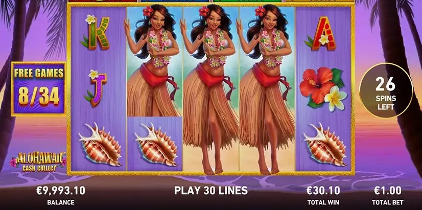 Alohawaii: Cash Collect free spins round with three stacked hula dancer wild symbols across the reels and a purple night-sky backdrop