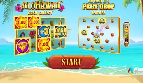 Alohawaii: Cash Collect promotional screen showing the Free Games with Prize Drop feature, including a peg board with collectible cash and diamond symbols