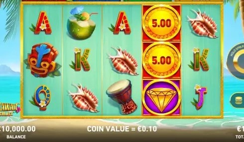 Alohawaii: Cash Collect base game grid showing conch shell, card royal, and drum symbols with two 5.00 cash prizes and a diamond jackpot symbol stacked on reel four