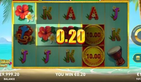Alohawaii: Cash Collect win screen showing a small cash win alongside Tiki mask and flower symbols on the grid