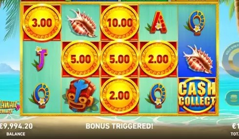Alohawaii: Cash Collect bonus triggered screen with multiple cash prize and hula dancer symbols collected across the grid