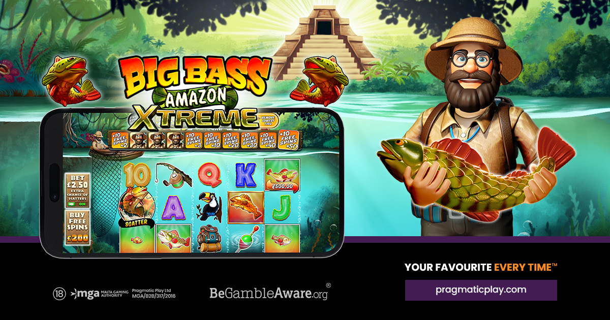 Official Pragmatic Play promotional artwork for Big Bass Amazon Xtreme showing the mobile game screen, the fisherman character holding a golden bass, and the Amazon temple backdrop