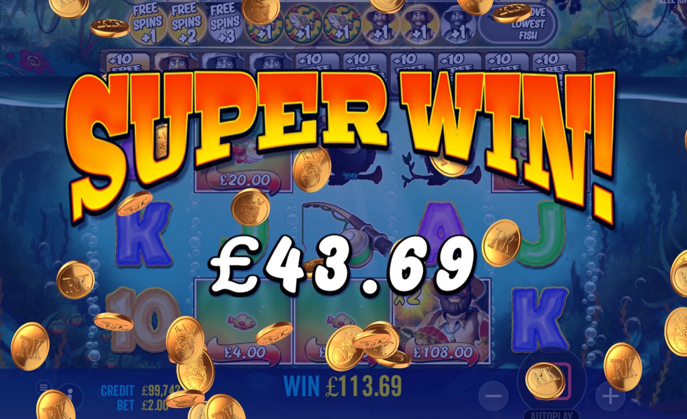Big Bass Amazon Xtreme free spins gameplay screen showing a Super Win of £113.69 with fish money symbols, wild fisherman symbol, and collected free spins modifiers along the top bar