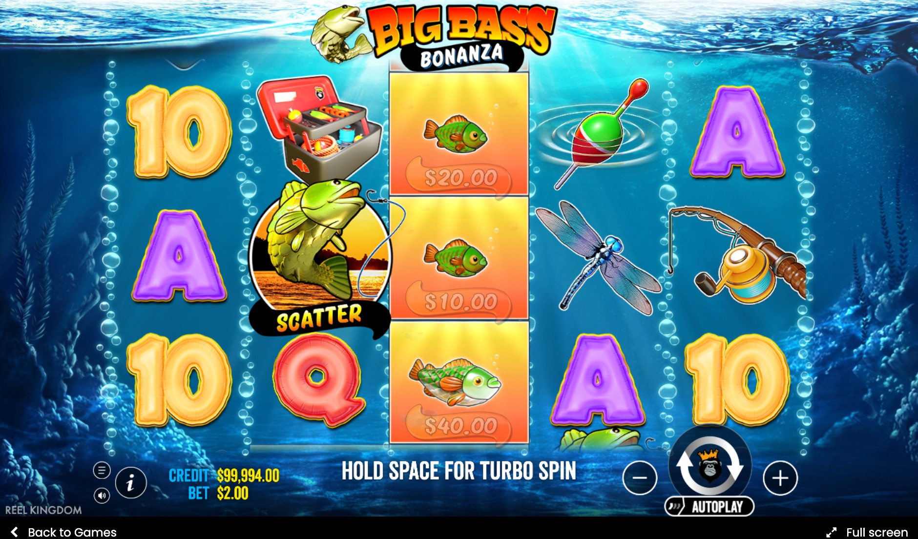 Big Bass Bonanza scatter bass symbol landing alongside fish money symbols worth $10 and $20 during a spin
