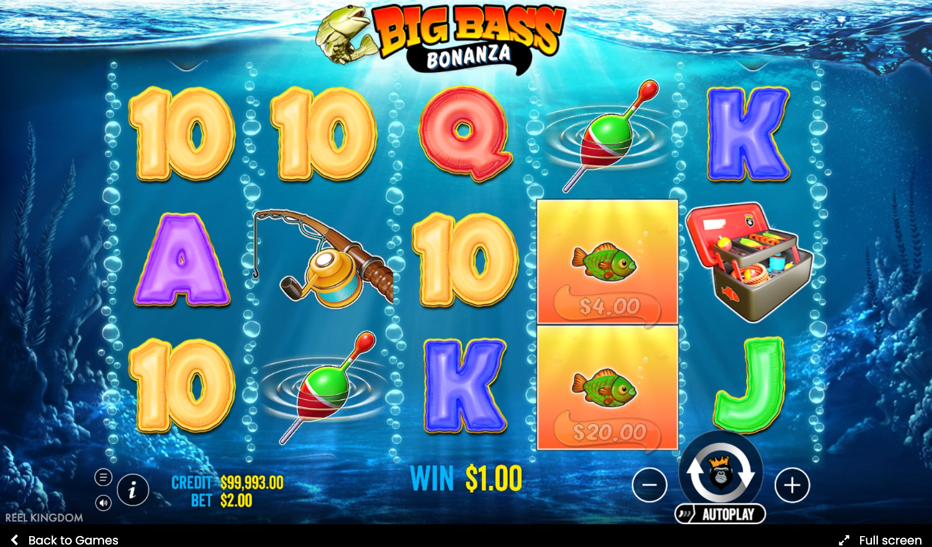 Big Bass Bonanza win screen showing a $1.00 payout with fish money symbols worth $4.00 and $20.00 on the grid