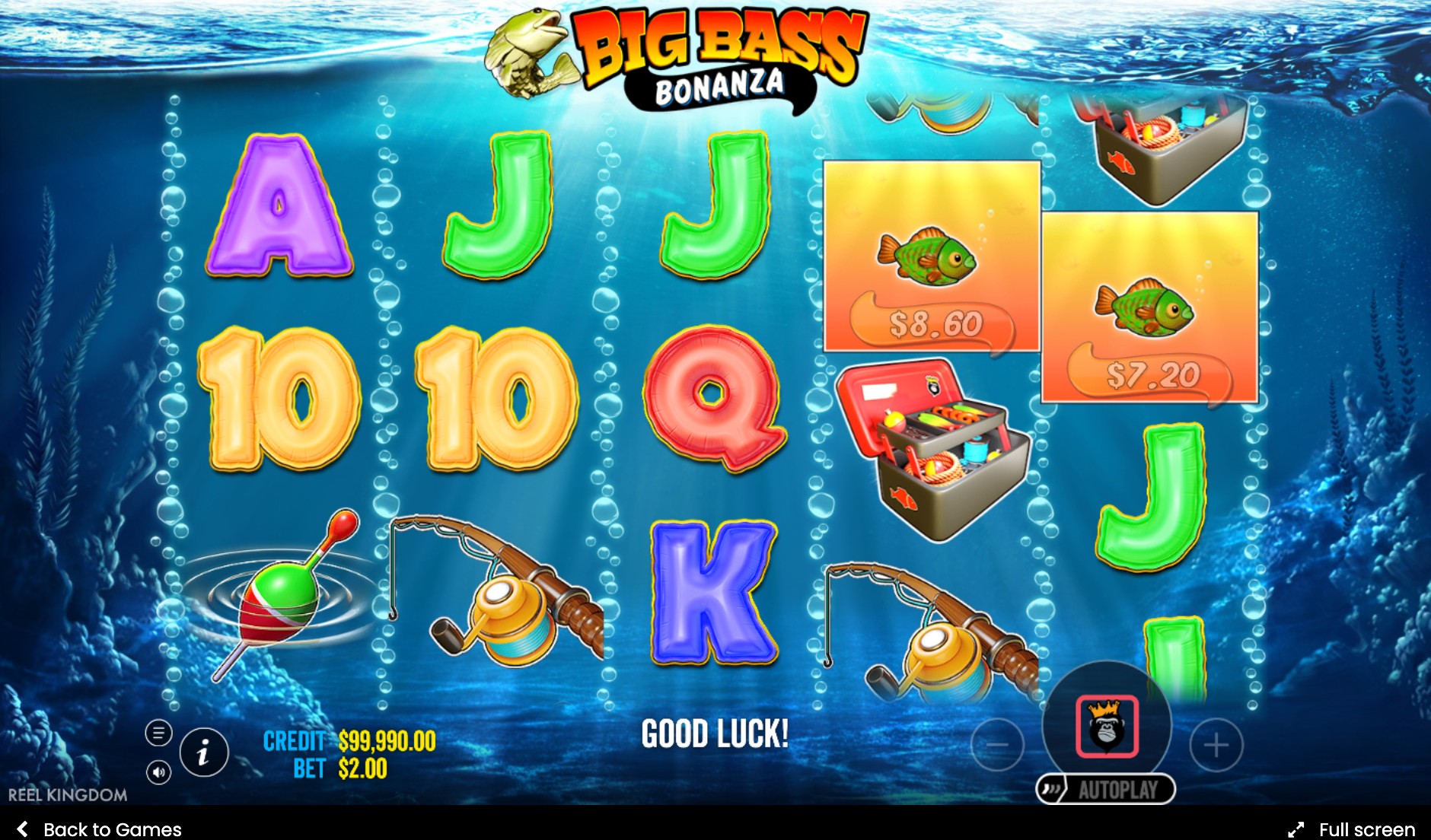 Big Bass Bonanza reels showing fish money symbols with cash values alongside a tackle box and dragonfly symbol