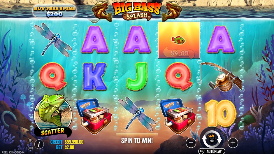 Big Bass Splash reels showing the green bass scatter symbol next to a $4.00 fish money symbol during a spin