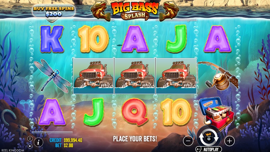 Big Bass Splash reels showing three matching red truck symbols stacked across three reels