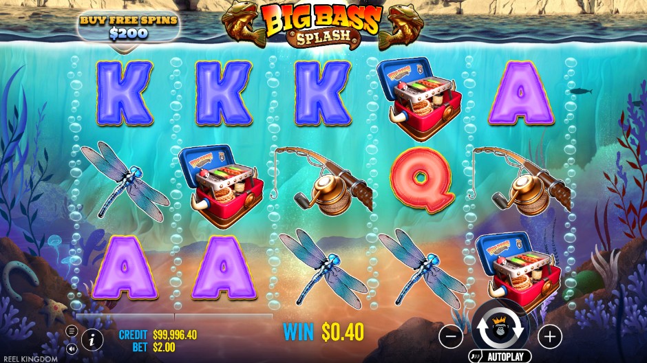 Big Bass Splash win screen showing a $0.40 payout with king, jack, and queen playing card symbols on the grid