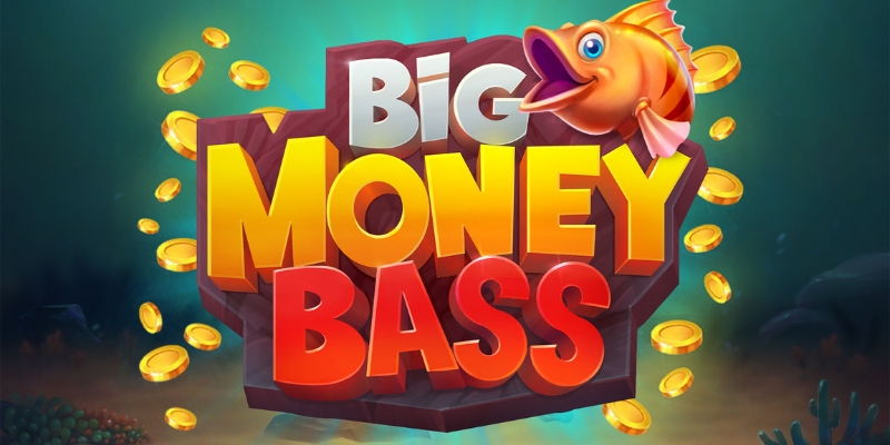 Big Money Bass official key art showing the game's cartoon bass mascot surrounded by gold coins