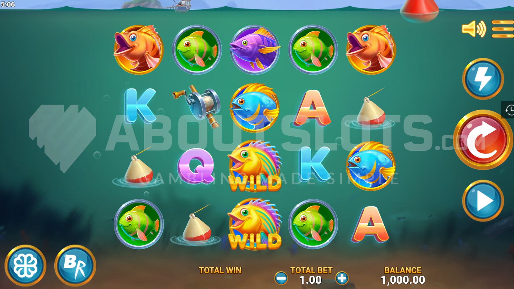 Big Money Bass base game screen showing coloured fish symbols and a gold Wild fish across the 5x4 grid