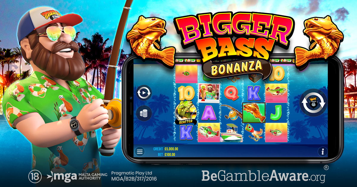 Bigger Bass Bonanza official key art showing the bearded fisherman character beside a mobile screenshot of the 5x4 reels mid-spin