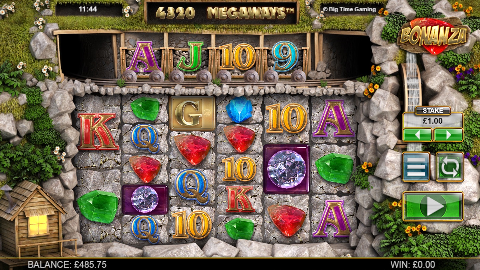 Bonanza slot base game reels showing gem symbols, playing card royals and the Megaways ways counter above a Wild West mine backdrop