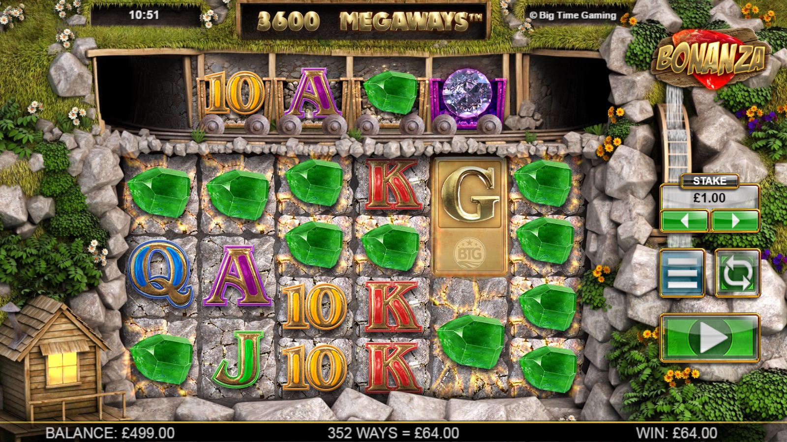Bonanza slot base game showing a cascading win with green gem symbols and playing card symbols across the Megaways grid