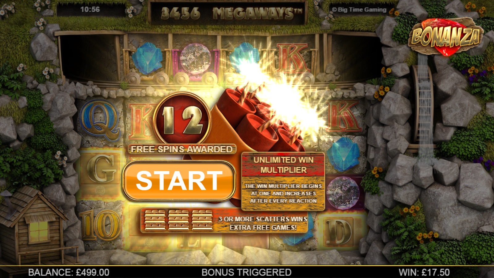 Bonanza slot bonus triggered screen showing 12 free spins awarded and the unlimited win multiplier explanation