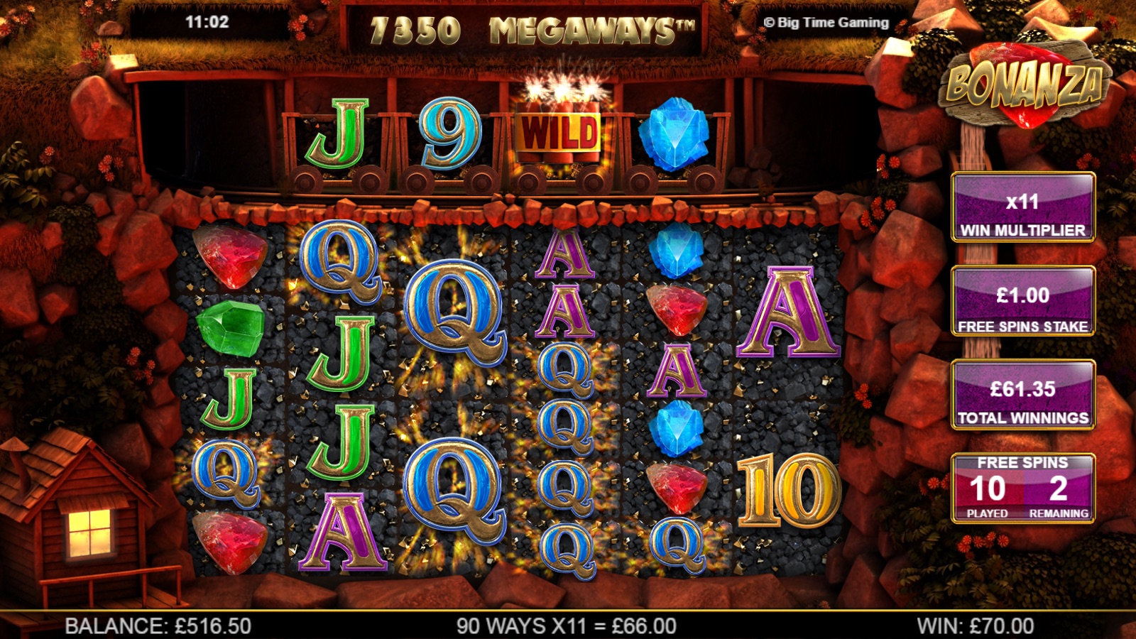 Bonanza slot free spins round showing a x11 win multiplier, free spins stake, total winnings and free spins remaining