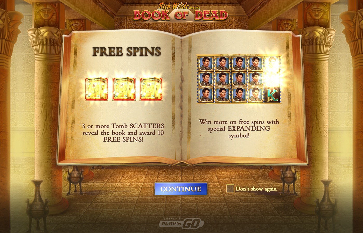 Book of Dead in-game intro screen explaining the scatter-triggered Free Spins and Expanding Symbol feature