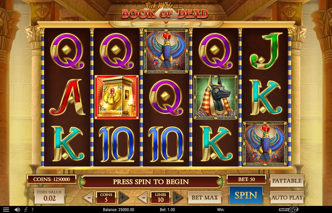 Book of Dead base game reels with the Spin button ready
