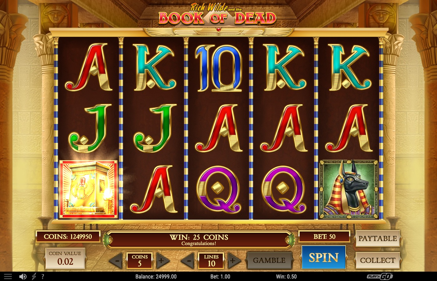 Book of Dead reels showing a win of 25 coins in the base game
