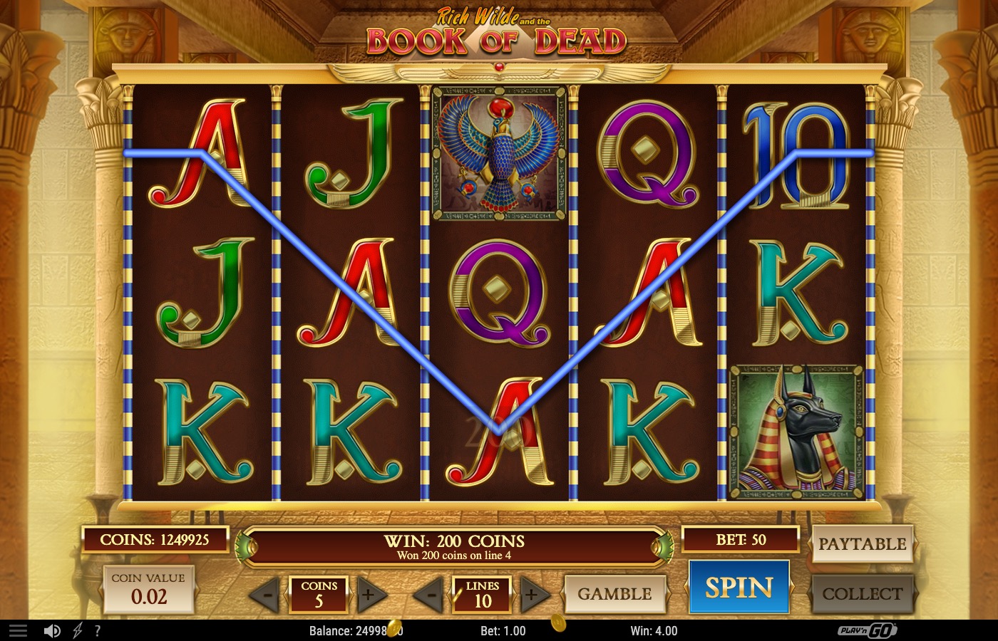 Book of Dead reels showing a 200 coin win with the winning payline highlighted across Egyptian symbols