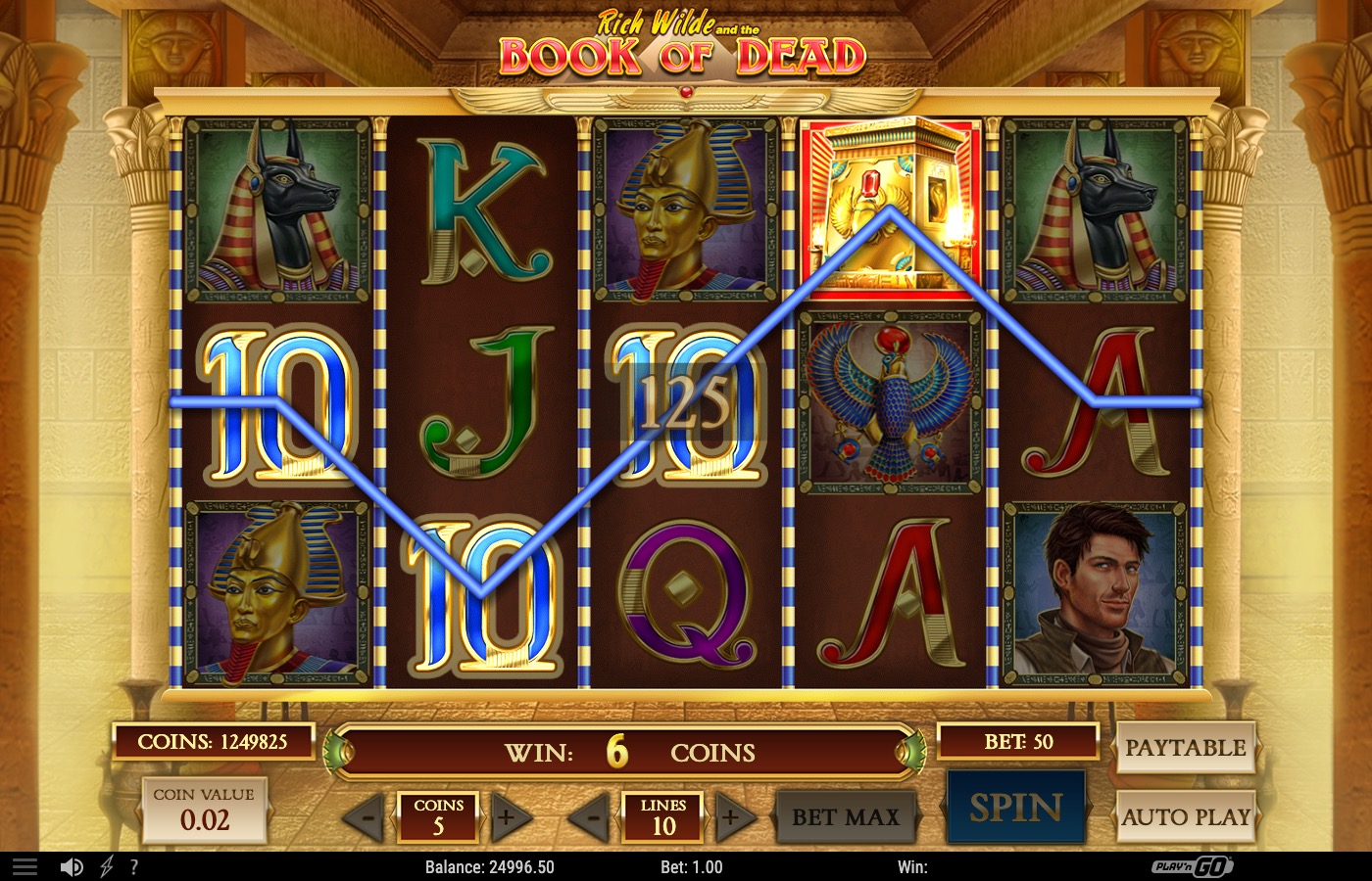 Book of Dead reels showing matching falcon and tomb scatter symbols building toward a win