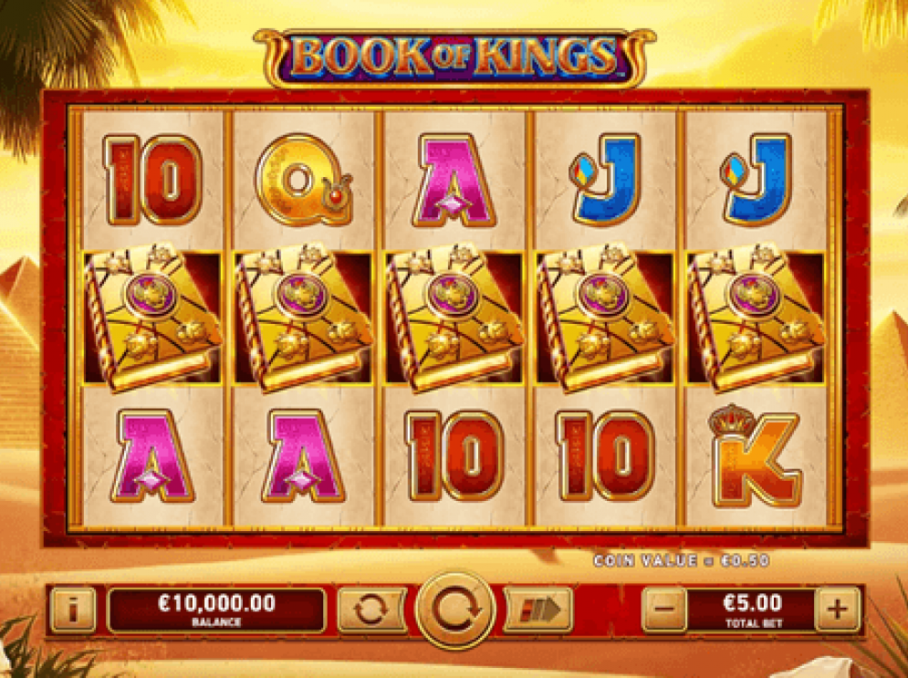 Book of Kings slot reels showing three BOOK symbols aligned across the middle row