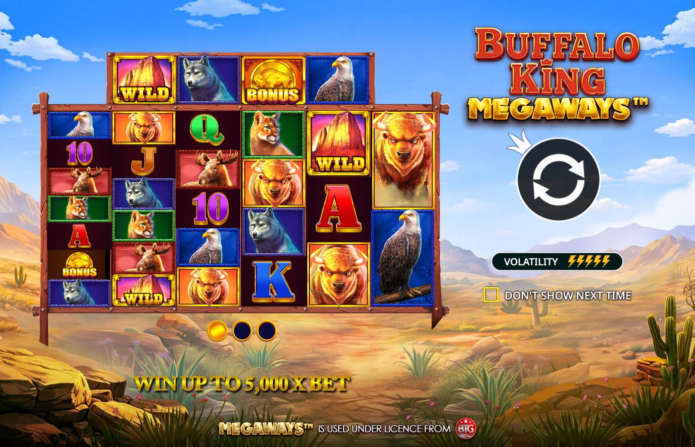 Buffalo King Megaways base game reels showing the six-reel Megaways grid with buffalo, wolf, eagle, cougar and moose symbols