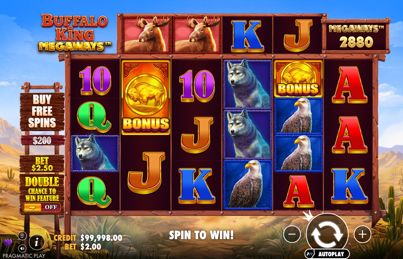 Buffalo King Megaways screenshot showing a golden coin Bonus scatter symbol on the reels next to a Buy Free Spins panel