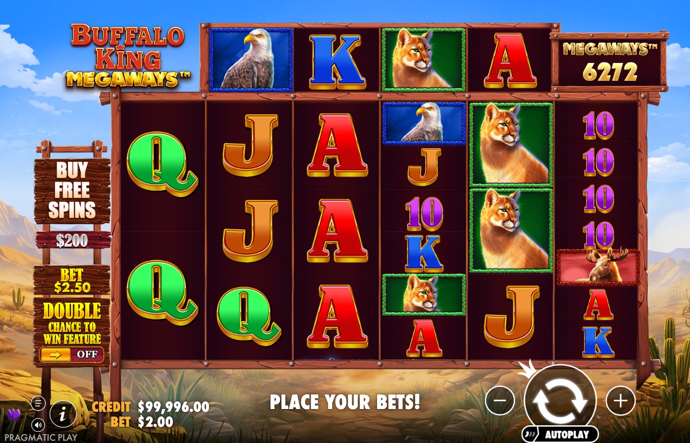 Buffalo King Megaways screenshot showing a tall reel of cougar symbols stacked with eagle and wolf symbols on a Megaways grid reading 6272 ways