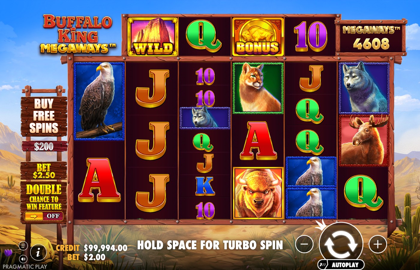 Buffalo King Megaways screenshot showing a Wild symbol, a Bonus scatter and a buffalo symbol together on the reels with a Megaways counter reading 4608