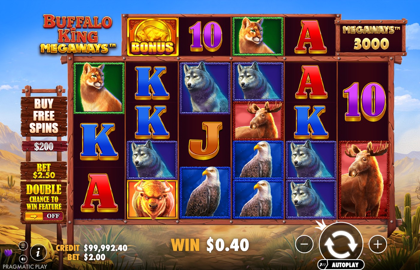 Buffalo King Megaways screenshot showing a small win of $0.40 with wolf, eagle and buffalo symbols on the reels