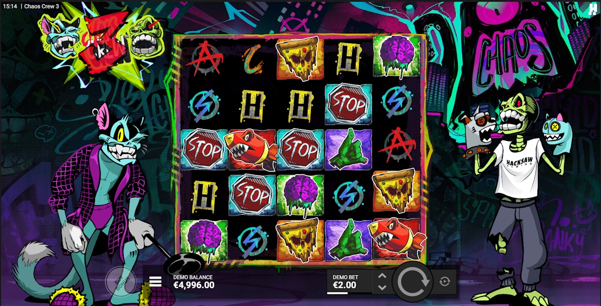 Chaos Crew 3 base game grid with Cranky Cat and the zombified Hacksaw mascot flanking the 5x5 reels