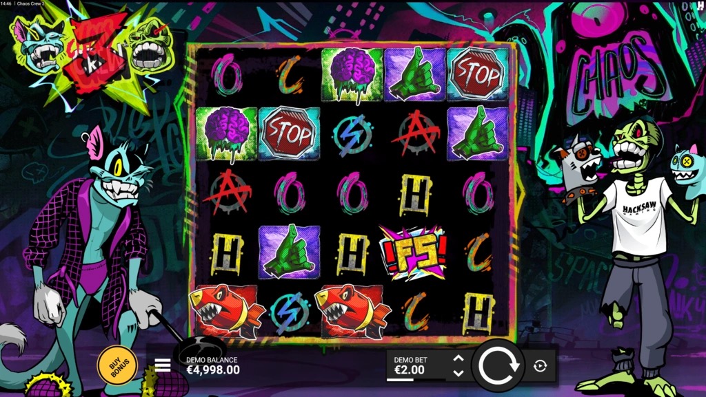 Close-up of the Chaos Crew 3 reels showing CHAOS letter symbols, a Wild, and a red fish high-pay symbol