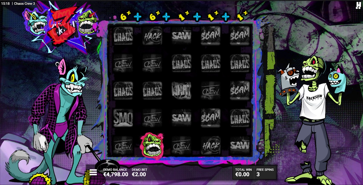 Chaos Crew 3 free spins intro screen showing the CTRL+ALT+CHAOS bonus round trigger