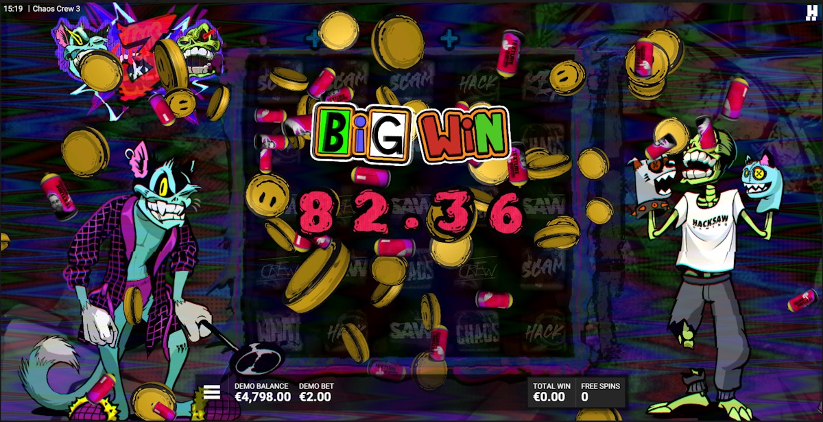 A Big Win celebration screen in Chaos Crew 3 with coins and spray cans falling across the reels