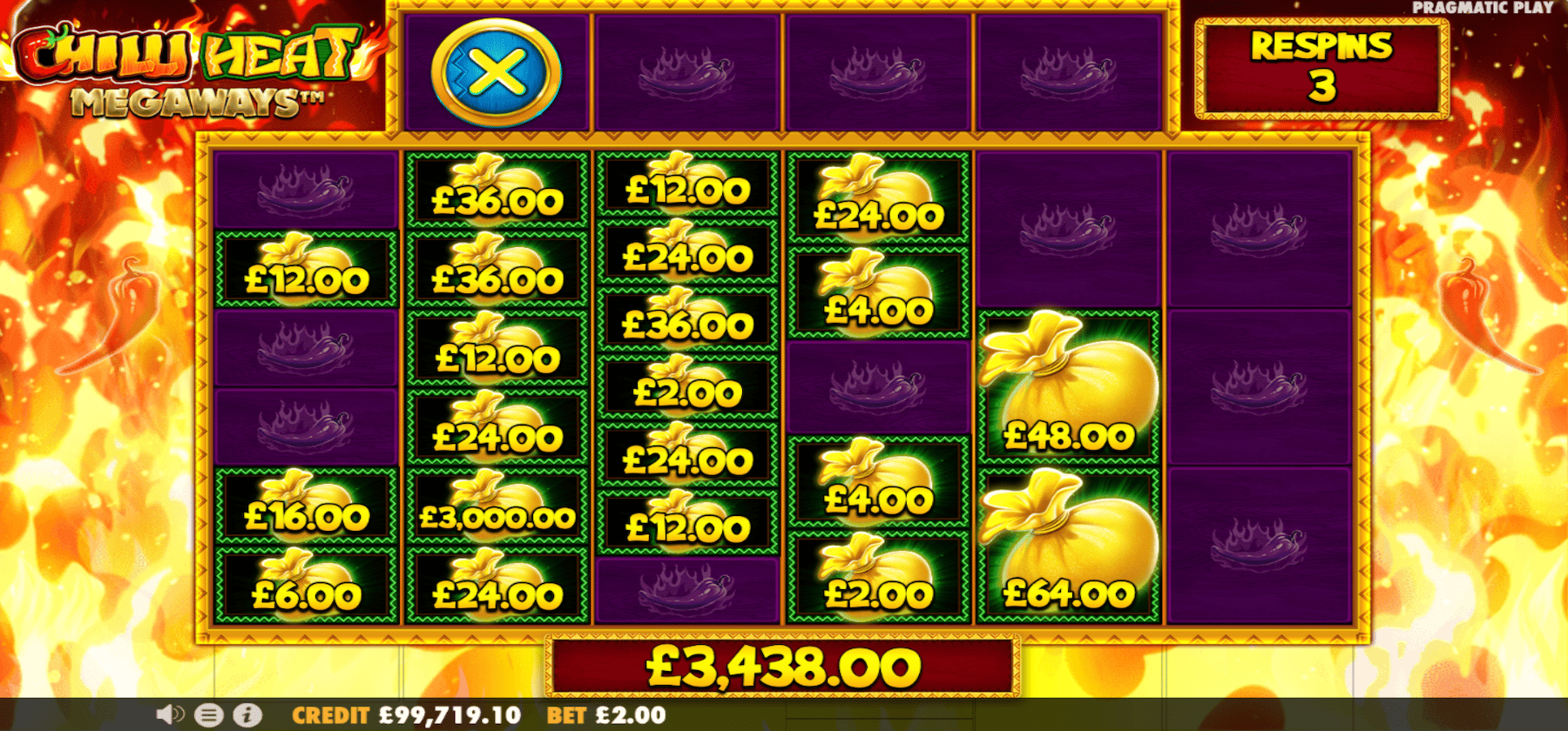 Chilli Heat Megaways Money Respin bonus screen showing money bag symbols with various cash values and 3 respins remaining