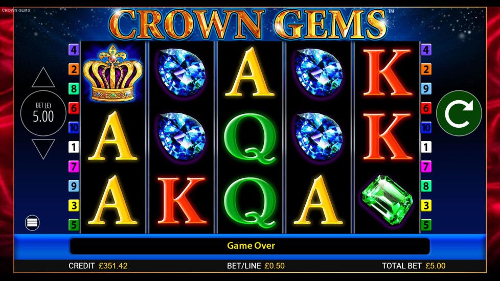 Crown Gems slot showing a full reel stacked with matching gem symbols creating a win